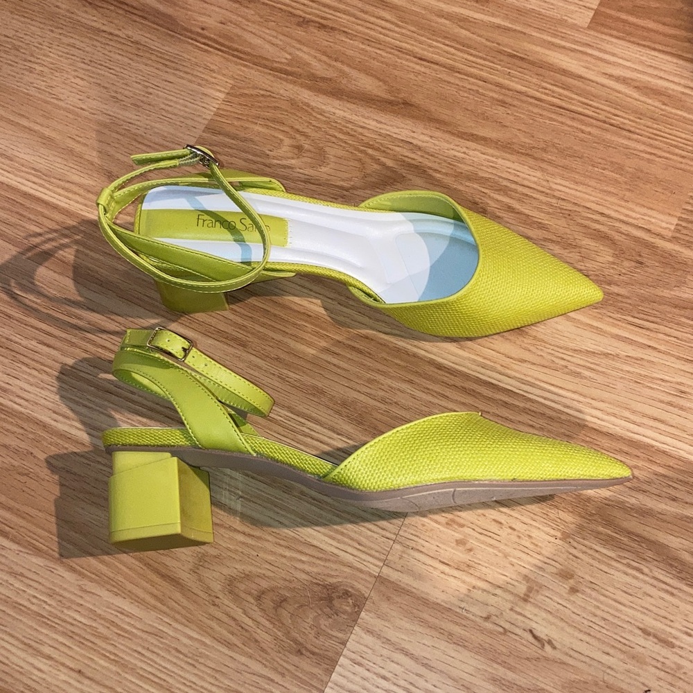 Franco Sarto Naya Pointed Toe Parrot Green Ankle Strap Block Heels Chartreuse 7M - Picture 2 of 14